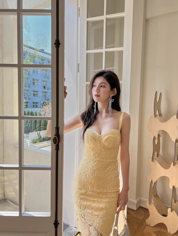 Gentle Yellow Sheath Spaghetti Strap Lace Short Homecoming Dress Cocktail Dress HZ1023